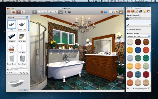 Избор на плочки и водопровод за самостоятелно проектиране на баня в Live Interior 3D за Mac