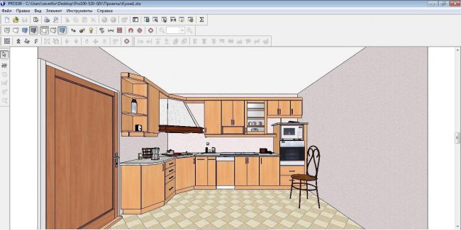 Скицов дизайн на ъглова кухня в планиращо устройство Pro100