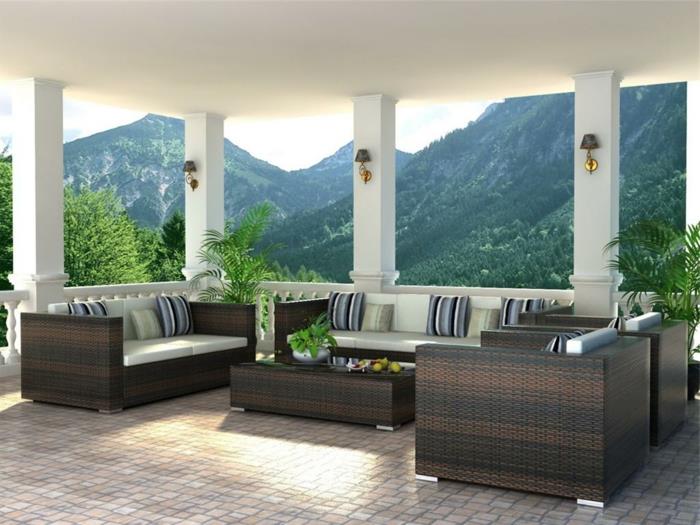 rattanowa sofa ogrodowe meble ogrodowe eleganckie paski rzucaj poduszkami