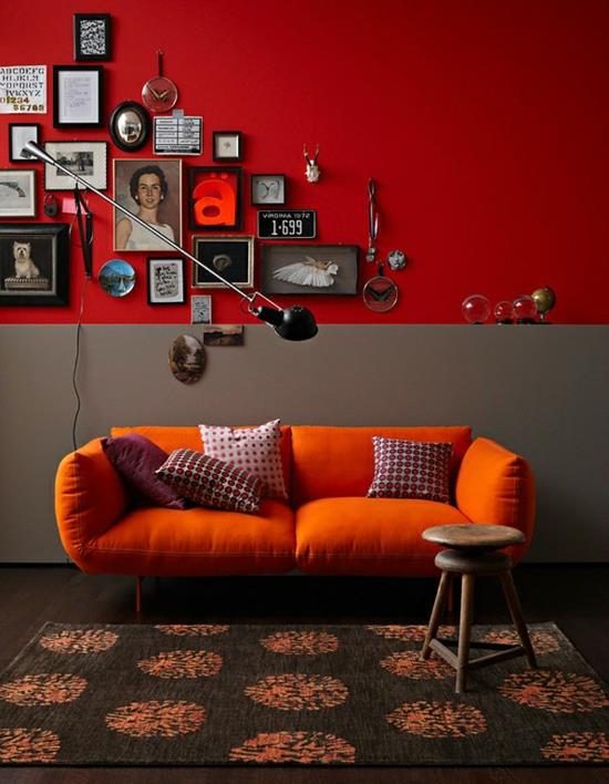 wystrój wnętrz w kolorach pomarańczowo-czerwone poduszki na sofę deco ściany