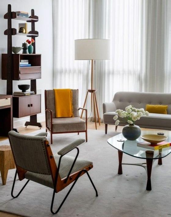 design d'intérieur salon aspect naturel sol en bois tapis pose meubles en bois vintage chic