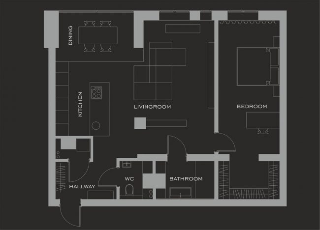 Übersichtsplan der Wohnung (siehe 3D-Visualisierung des Wohnzimmers oben) zur ungefähren Darstellung der Sanierung beim Kundenprojekt