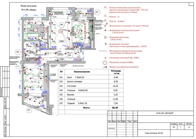 Deckenpläne in allen Räumen der Dreiraum-APPS K-134 (
