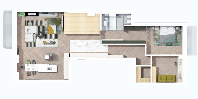 Ein Plan aller Räumlichkeiten der Wohnung und ein ungefährer Plan für die Anordnung der Möbel (echtes Foto - siehe oben)