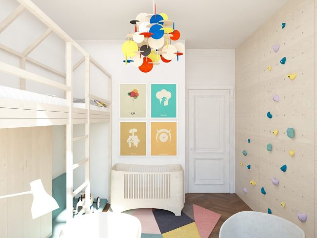 Entwicklung eines Designprojekts: ein Kinderzimmer in einer Wohnung der 2B Gruppe (Fortsetzung). Dies ist vielleicht der modernste und streng funktionalste Raum, und der klassische Chic wurde hier nur für die weiße Paneeltür gelassen.