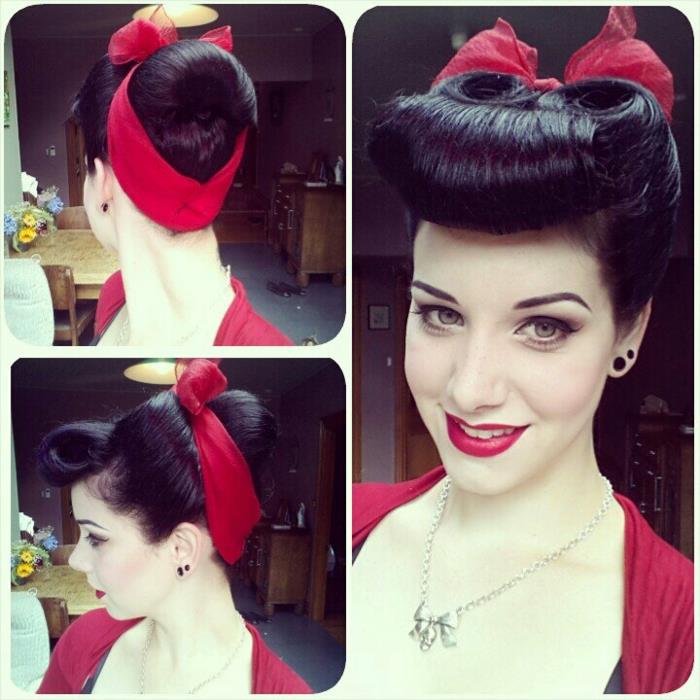 coiffure rockabilly rétro cheveux longs noirs épinglé arc rouge