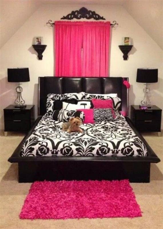 różowa sypialnia czarna biała