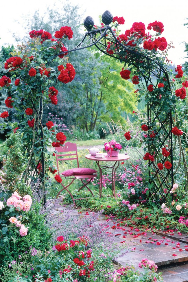 Kovaný oblouk s červenými růžemi