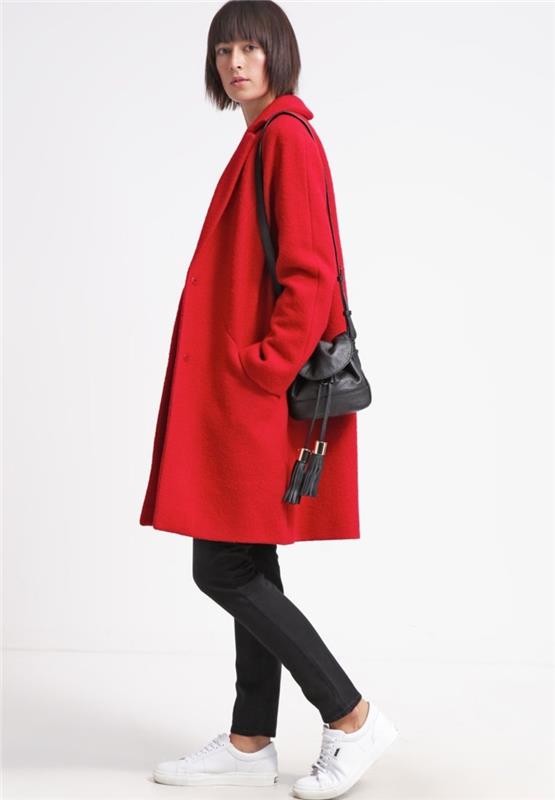 czerwony płaszcz zimowy damski płaszcz z wełny cacharel widok z boku