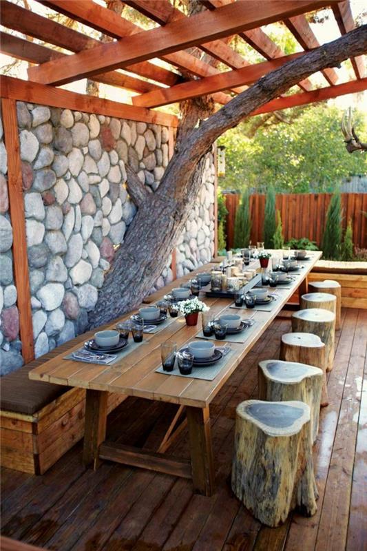 meubles de jardin rustique tabouret cool mur de pierre conception à l'extérieur