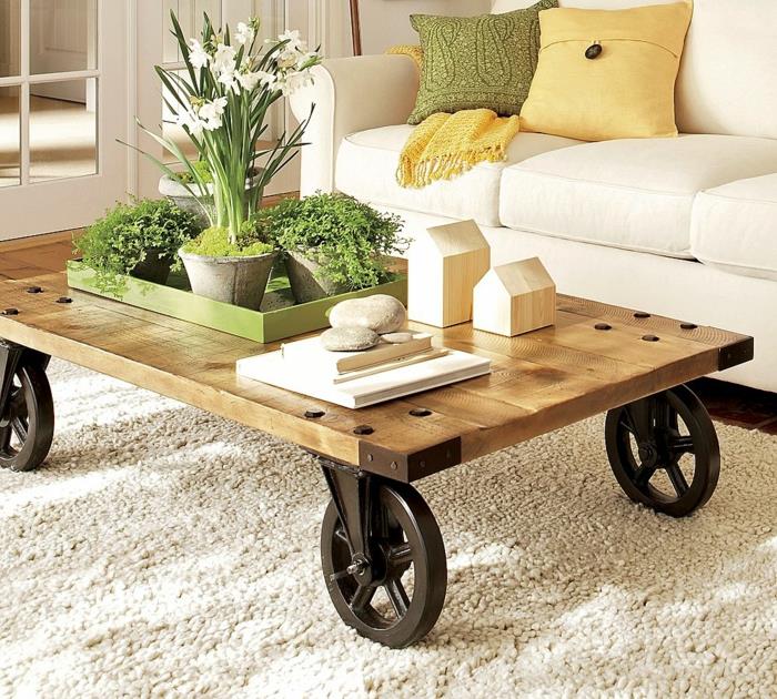 meubles rustiques planches de bois roues en métal brouette