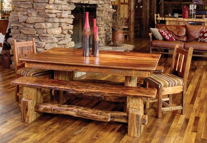 mobilier rustique, table à manger robuste, bancs, bois, gros grain