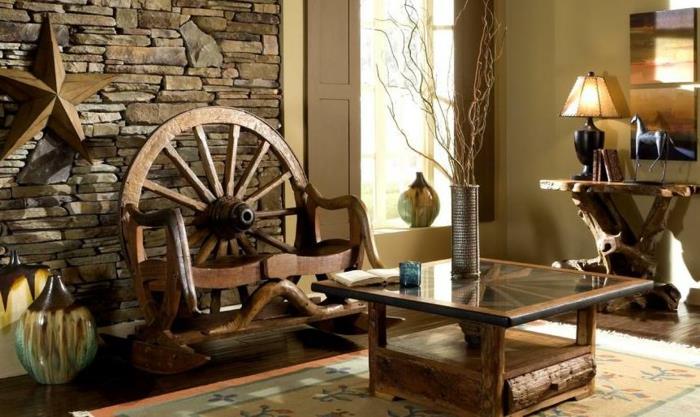 Meble rustykalne salon wózek koło drewna sofa stolik kawowy