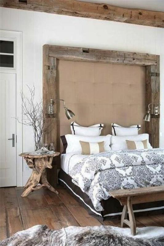 rustykalna sypialnia z drewnianymi belkami pomysły na dekorację łóżko