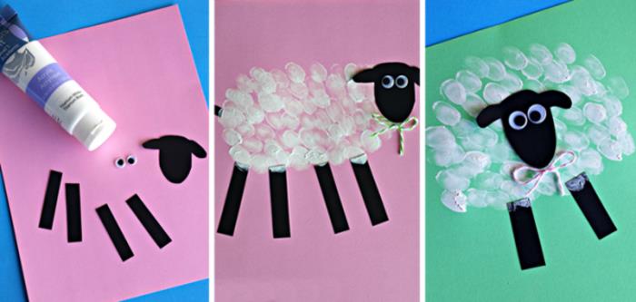 peinture de moutons avec des peintures au doigt de papier d'artisanat pour les tout-petits