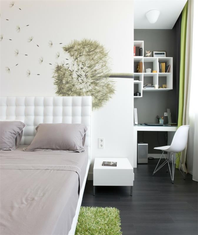 pomysły na wystrój sypialni dekoracje ścienne białe ściany zielony dywan