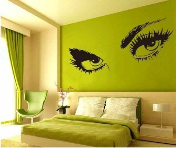 sypialnia projekt ściany oczy wzór zielony