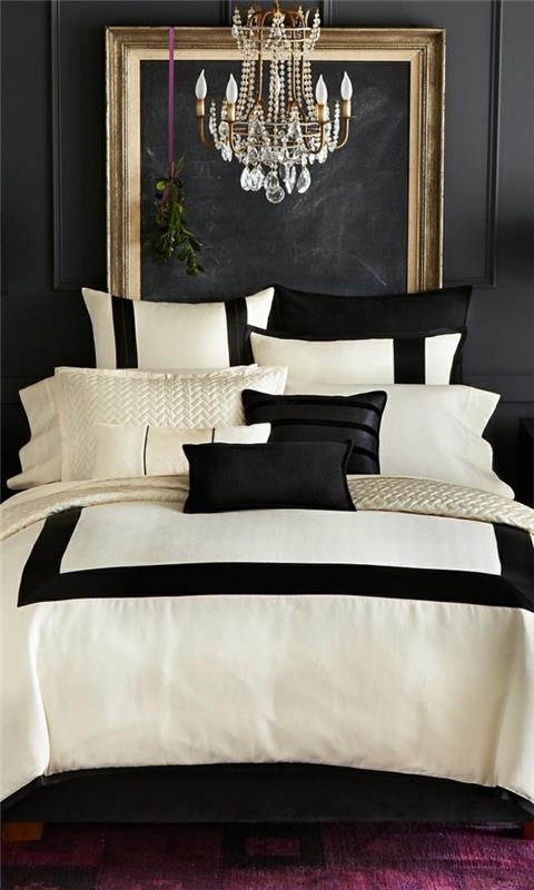 pomysły na projekt sypialni czarno-biała narzuta narzuta na poduszkę