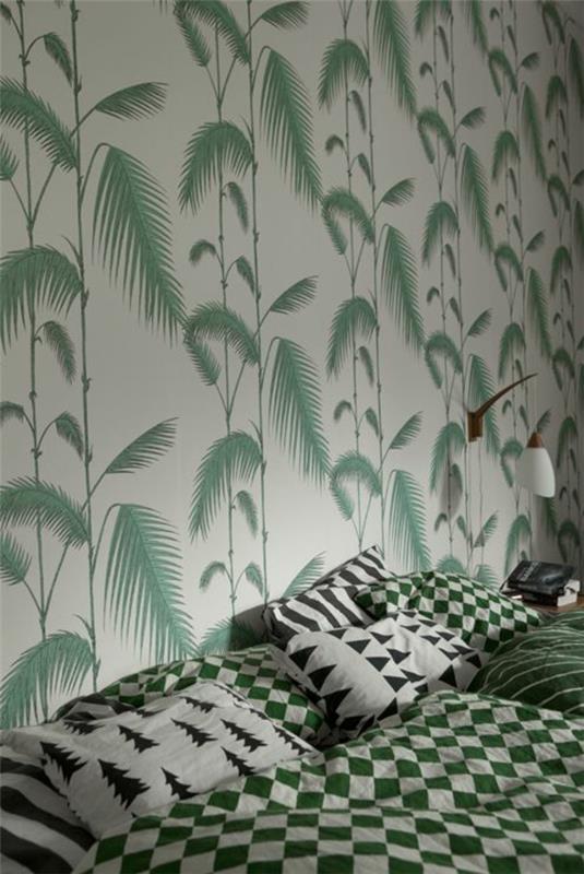 sypialnia sypialnia projekt ściany tapeta ścienna wzór palmy