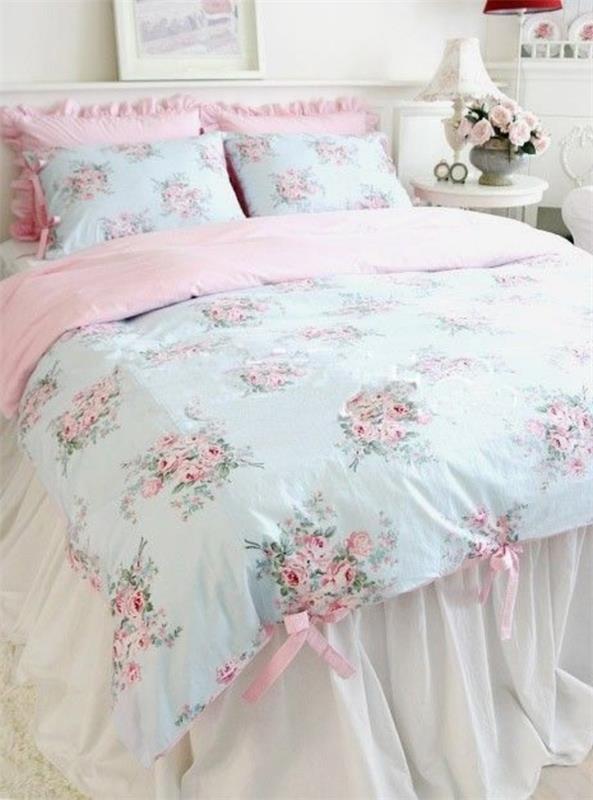 projekt sypialni shabby chic biały różowy jasnoniebieski