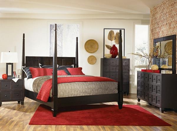 ameublement de chambre à coucher asiatique bois foncé textiles rouge foncé