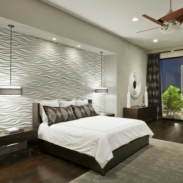 Ameublement de chambre à coucher blanc brun belle texture mur d'accent