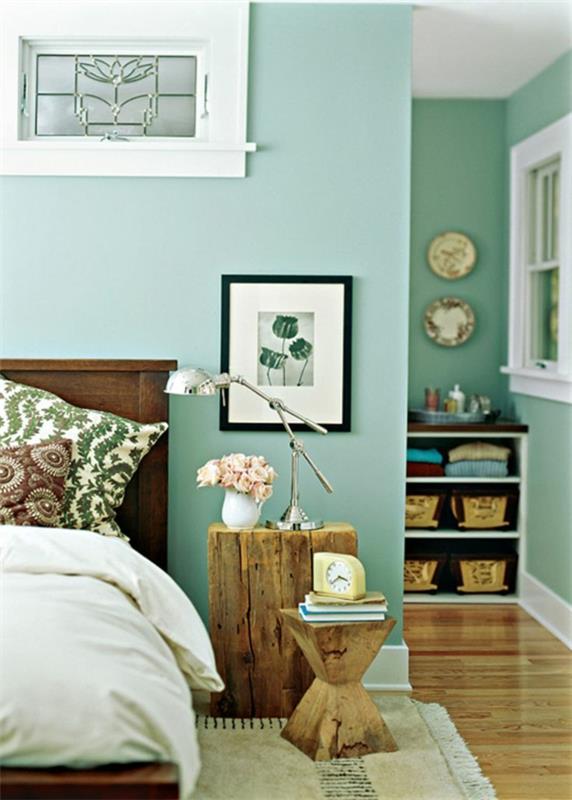 idées de couleur de chambre à coucher peinture murale vert menthe mur design meubles en bois