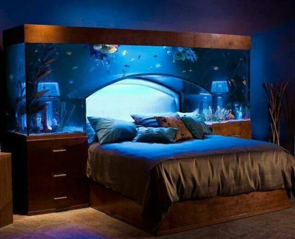 inspiracja do sypialni akwarium za łóżkiem