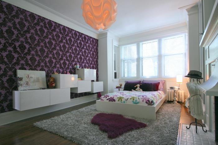 sypialnia tapety fioletowe eleganckie kolorowe pomysły na przechowywanie pościeli