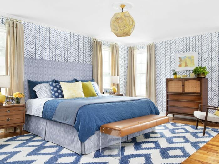 tapeta do sypialni piękny wzór fajna ławka do sypialni