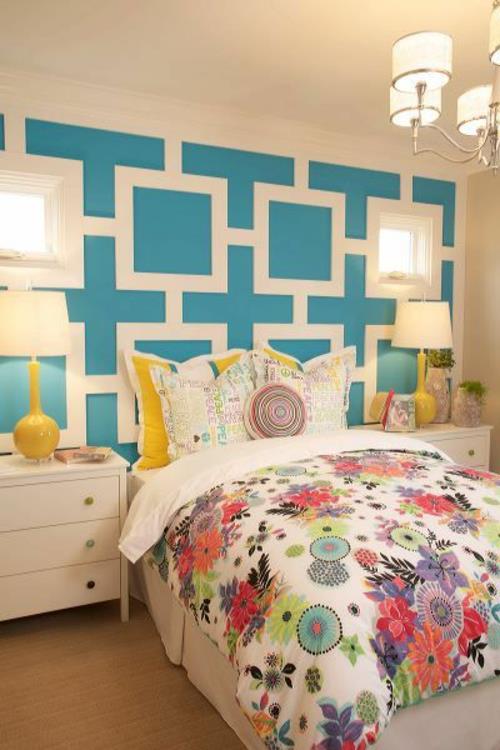 chambre mur design mur couleur cassettes bleu linge de lit coloré
