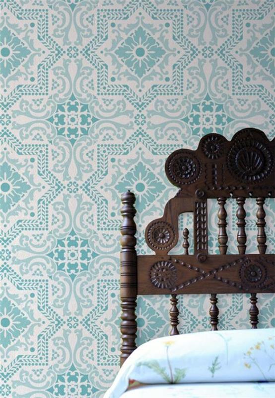 chambre peintures murales papier peint motif tête de lit bois
