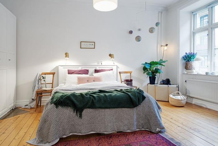Plantes de chemin de tapis de style scandinave blanc de chambre à coucher