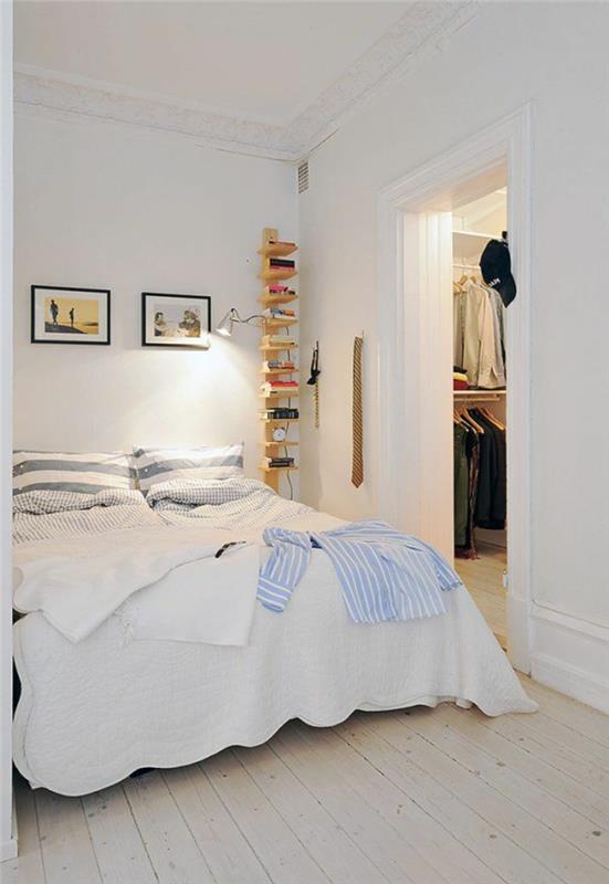 chambre à coucher blanche scandinave chambre à coucher plancher en bois étagères murales