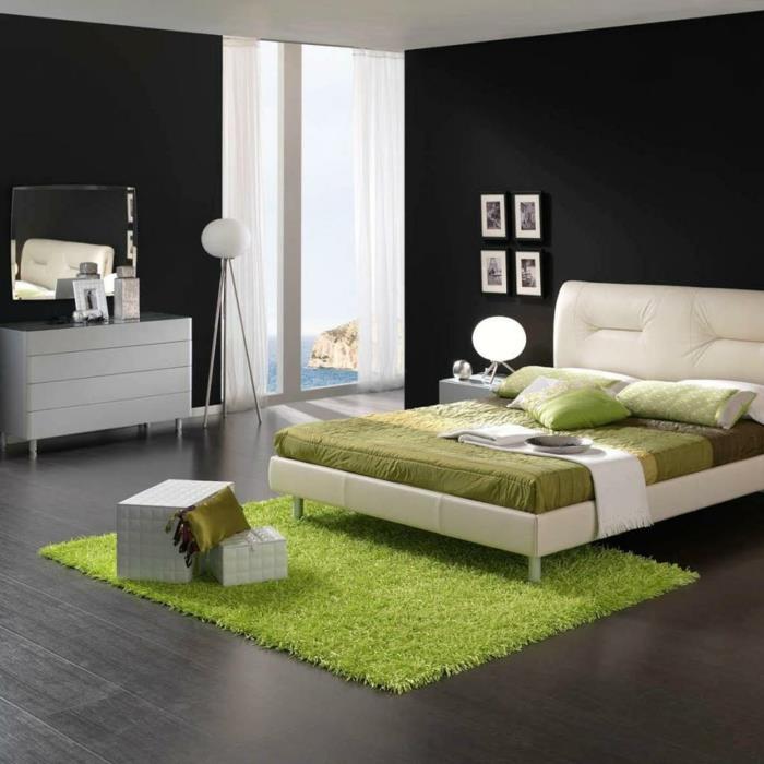 meble do sypialni zielony dywan szare płytki podłogowe komoda