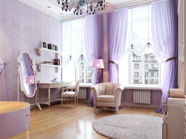 coiffeuse chambre rideaux aérés tapis rond violet clair