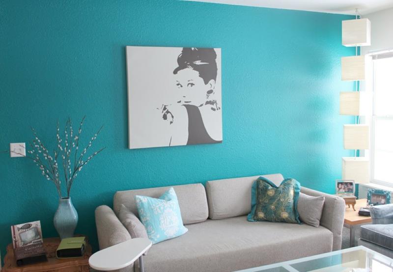 belle couleur de mur bleu turquoise salon couleurs de mur tendances audrey hepburn