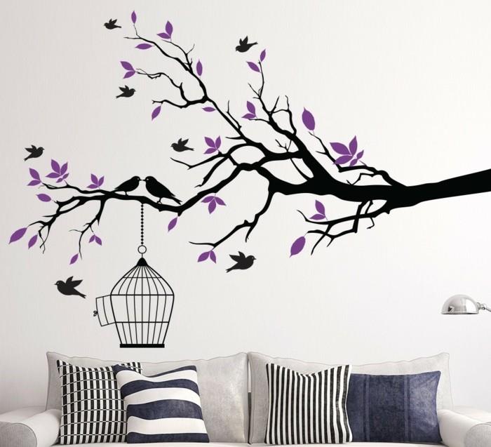 beaux stickers muraux branches d'arbres oiseaux coussins idées maison salon