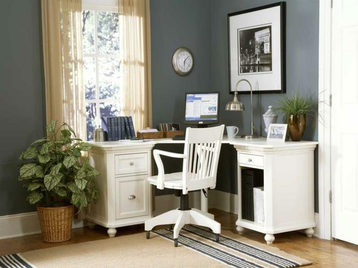 piękne pomysły na życie projektowanie biura domowego jasnoszare ściany białe meble rośliny
