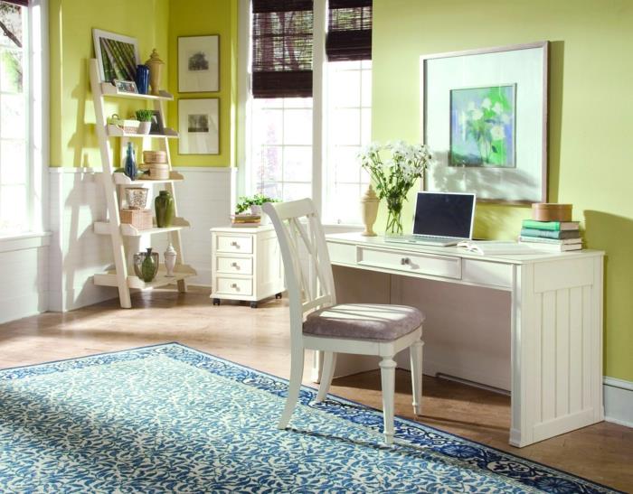 piękne pomysły na życie białe biurko zielona farba ścienna niebieski dywan