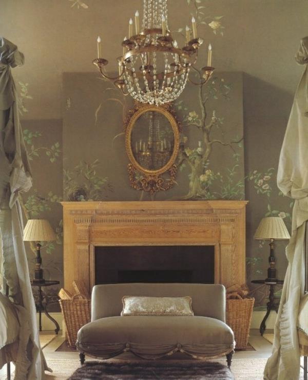 piękna sypialnia łóżko kominkowe kosze rattanowe