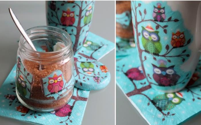 serviette technique decoupage papier confiture pot hiboux