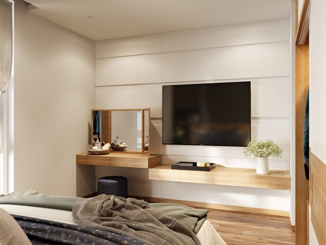 Zeitgenössisches neutrales Schlafzimmerdekor und integrierter Ankleidebereich mit Hocker