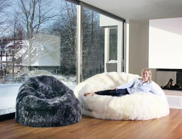 Fotel beanbag kożuch biały szary