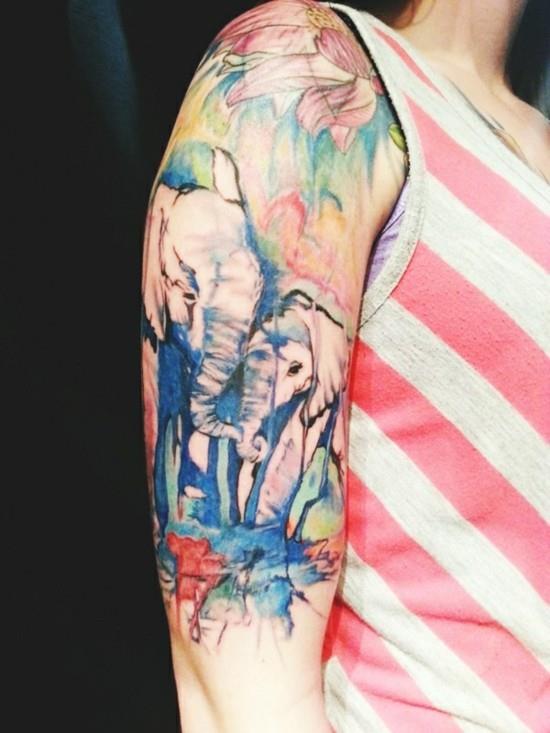 Idées de tatouage de manche éléphants aquarelles