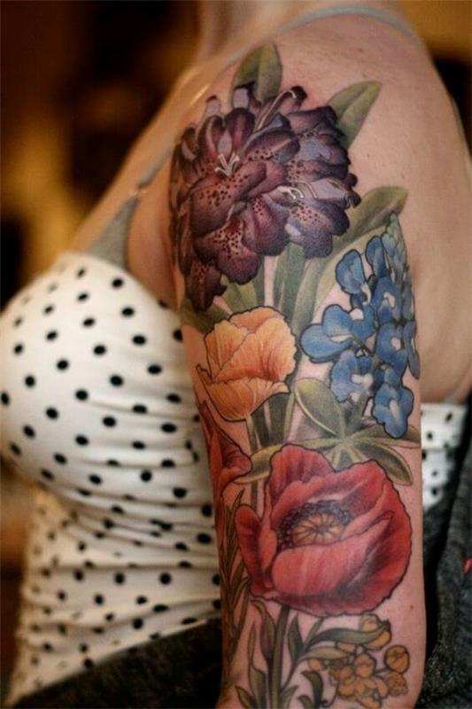 idées de tatouage de manche fleurs colorées