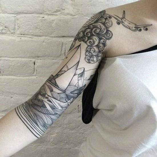 idées de tatouage de manche avec un bateau