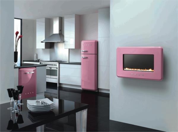 réfrigérateur smeg cuisine minimaliste rose brillant
