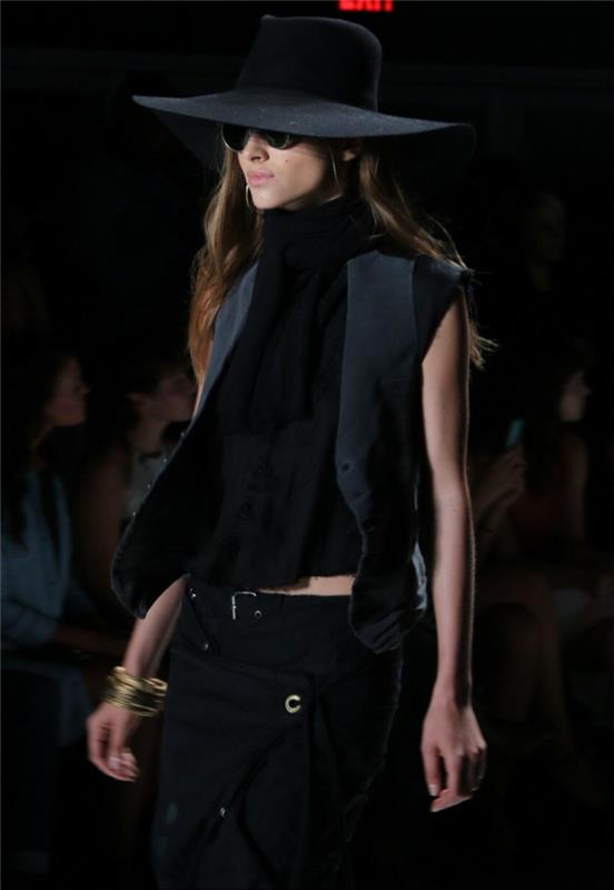 letnia moda damska moda damska greg lauren 2016 kolekcja czarny strój duży kapelusz kamizelka spódnica