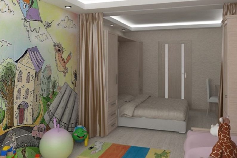 غرفة نوم وتصميم حضانة في غرفة واحدة - ديكور حائط